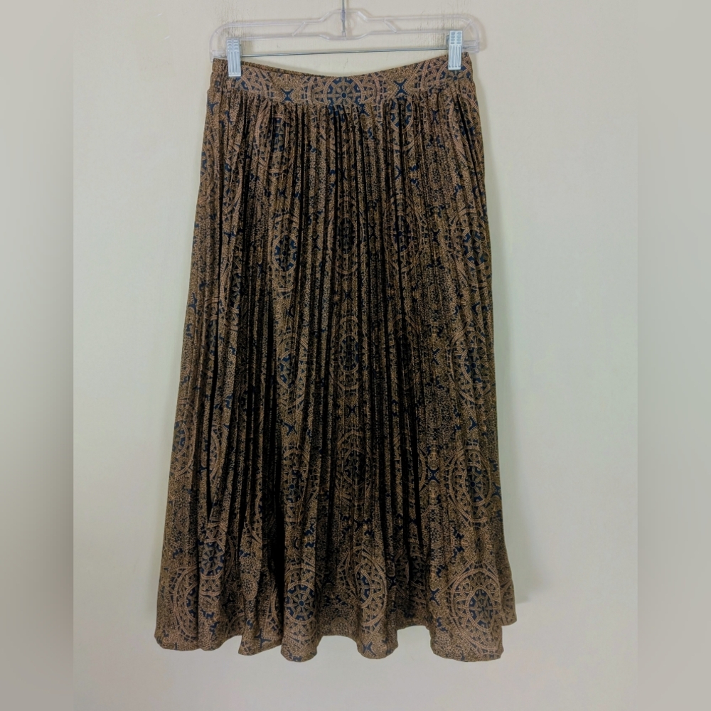 Skirt Women's M Midi Paisley Navy/Tan Pleated Pullon Lined Preppy Accordian Nwt